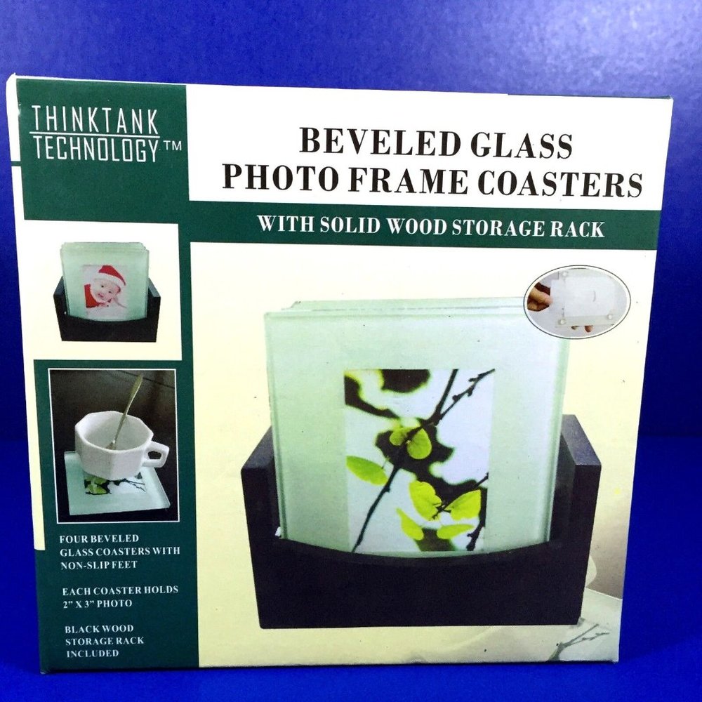 Beveled Glass Photo Frame Coasters 4 With Solid Wood Storage Rack 2" x 3" Photo